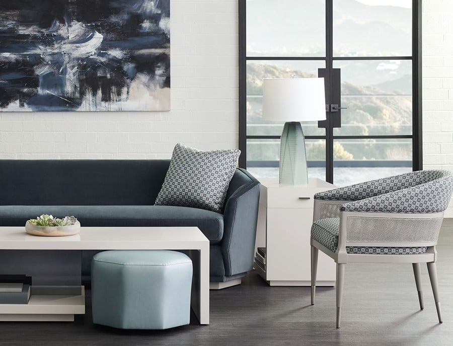 caracole furniture modern expression sofa, chair, room, blue and neutral color palette with coffee table