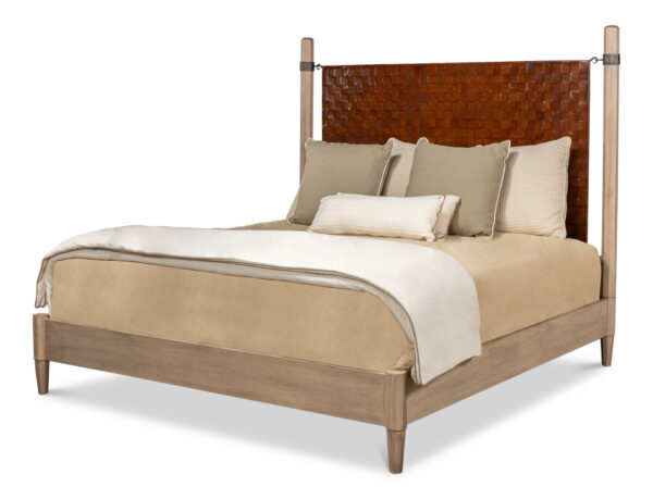 sarreid Vineyards King Bed Pine Veneer Brown Eclectic with hand woven leather