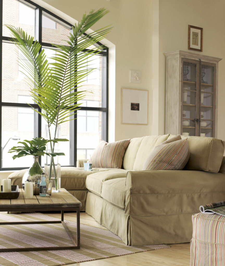 Sustainably upholstered couch with palm fronds