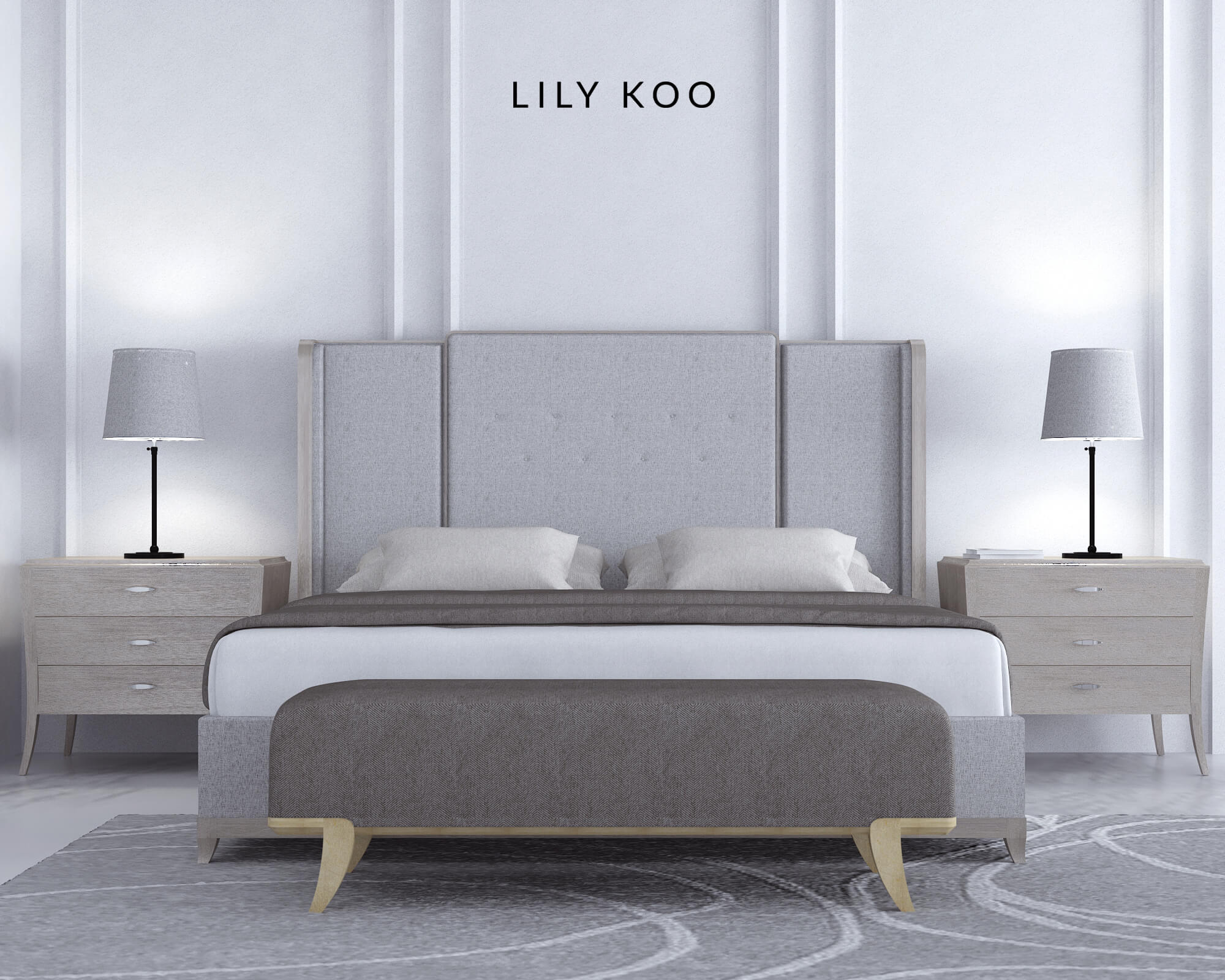 Lily Koo bedroom with bedside tables and lamps