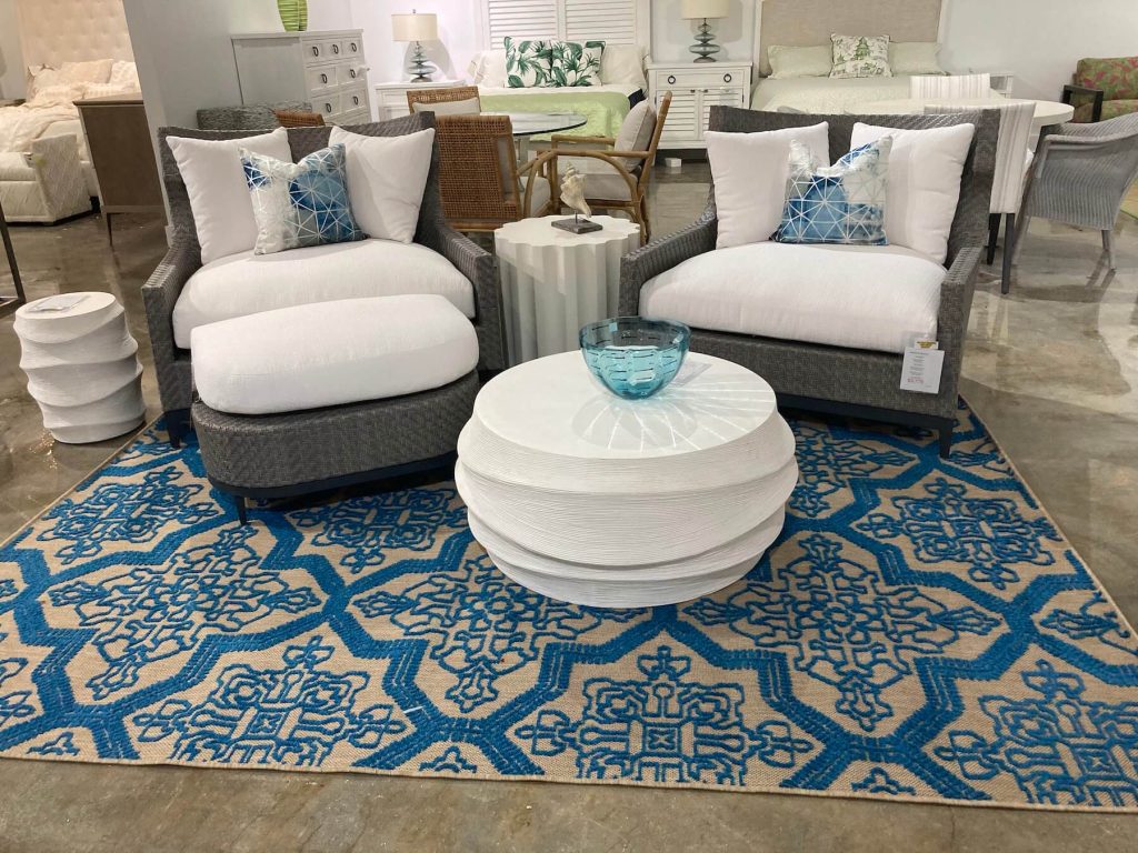 An outdoor chair set with pops of blue