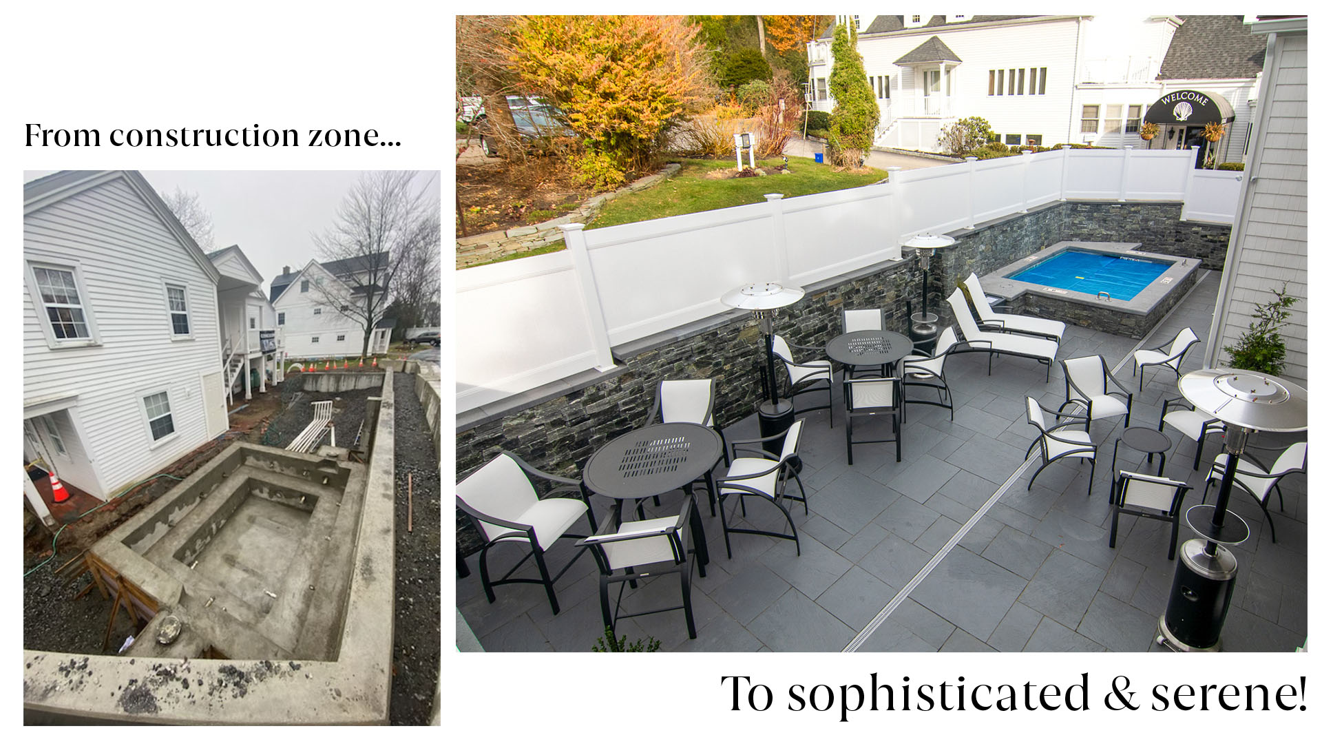 A before and after showing a muddy, partially built patio and the finished project with grey slate floor, grey stone wall with white panel top, in-ground hot tub, and patio furniture