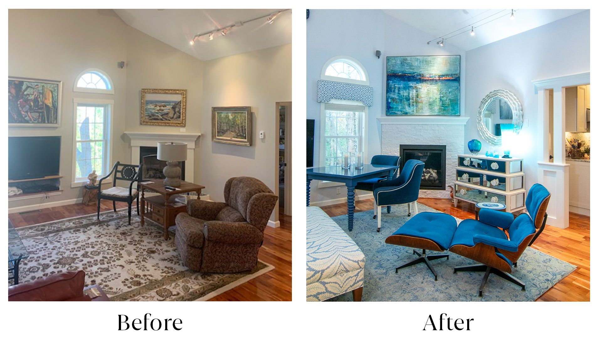 A before and after of a dated living room that has been refreshed