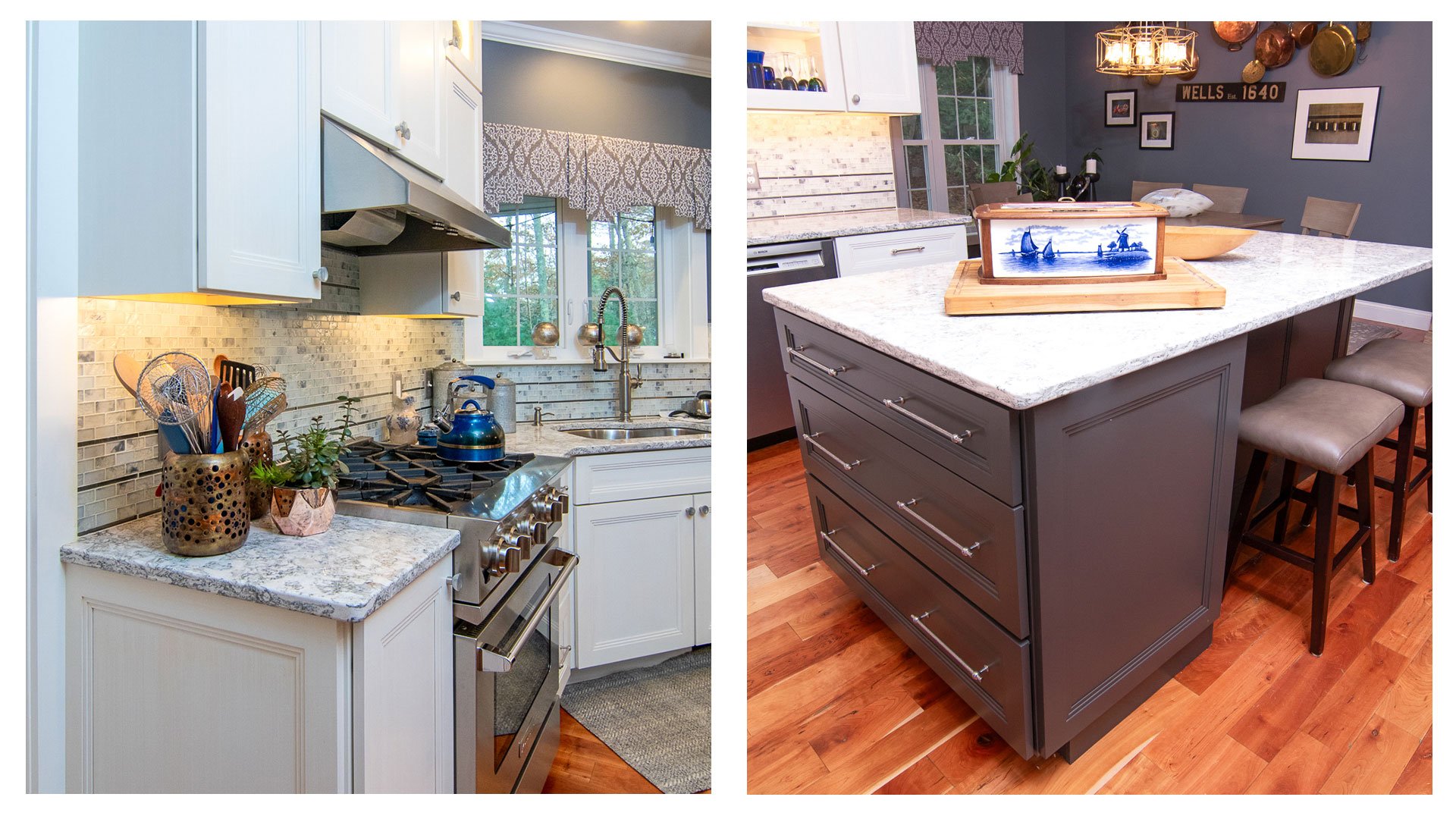 Photos of a kitchen with grey tile backsplash and a greyish blue painted kitchen island with white countertop